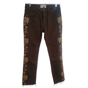 Driftwood Candace Floral Embroidered Straight Leg Jeans Brown Boho Women's Sz 25